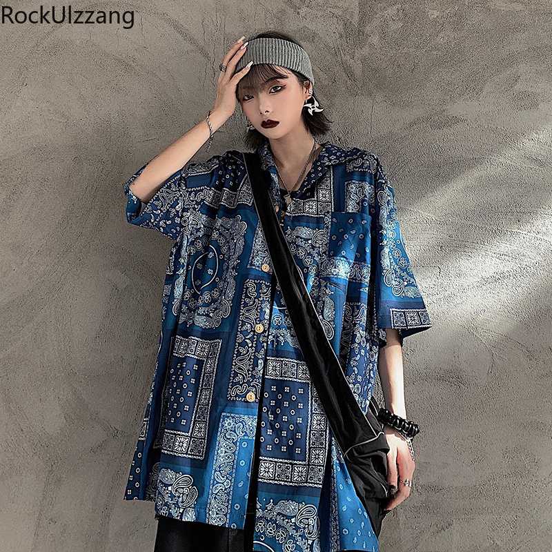 

Rockulzzang Paisley Bandana Print Loose Dress Shirt Japanese Streetwear Harajuku Hip Hop Woman Men Outfit Blouse Hawaii Tee Top, Black