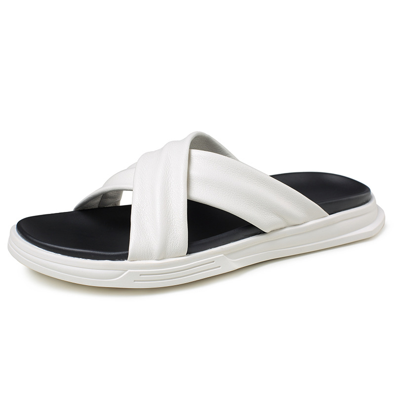 

Mens Sandals Summer Outdoor Breathable Leather Trend Sandals Male Outer Wear Word Slippers men Cross-tied flip flops cowhide, Black