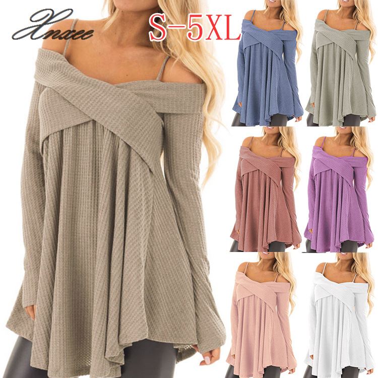 

5XL Sexy Off Shoulder Long Knitted Sweater Women Pullover Tunic Tops Oversized Jumper Spring Winter 2020 White Black, Blue