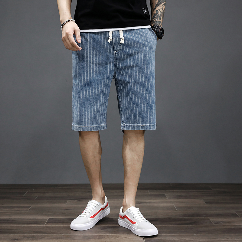 

Shorts Large Size Men Summer Breeches Bermuda Male Vintage Stretch Knee Jean Men Big Denim Plus Size striped Blue casual Shorts