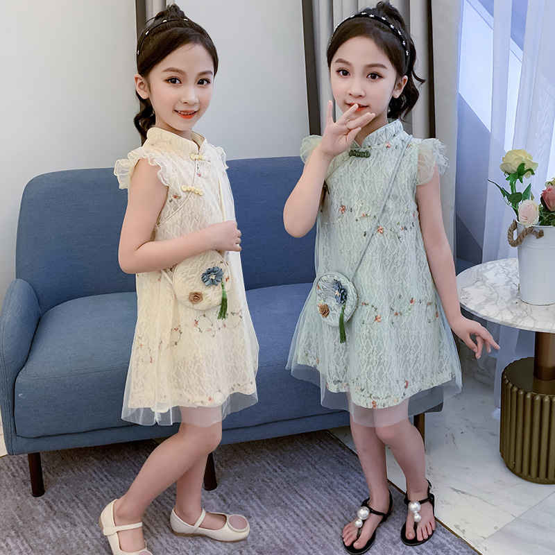 

Chinese Style Cheongsam Flower Girls Dresses Summer Child Girl Hanfu Skirt Green Yellow Princess robe ceremonie fille para niña