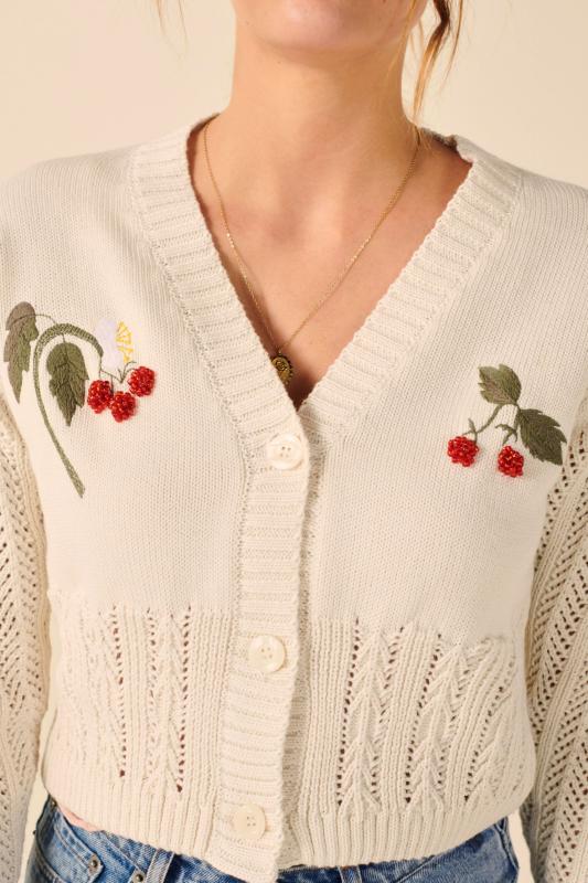 

Women Sweater Fall/Winter 2020 New Knitted Cardigan Fashion Casual Hollow Long Sleeve V-Neck Cherry Print Wool Knit Cardigan Top, White