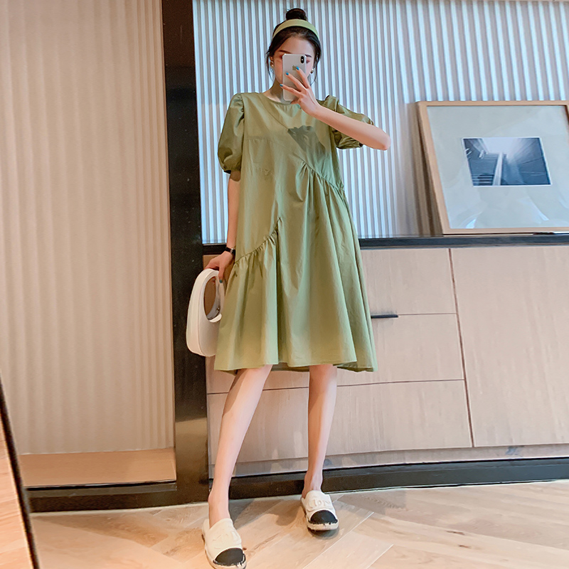 

Blue Green Short Sleeve O-Neck Plus Size Maternity Cotton Dress Summer Irregular Drawstring Waist Pregnant Women A-Line Dress