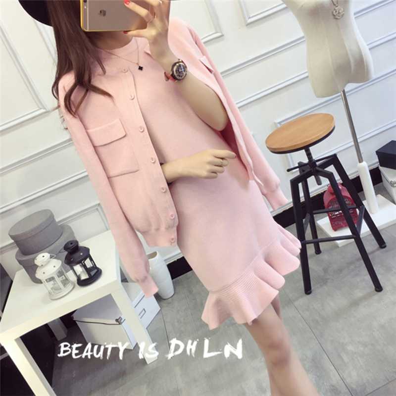 

2020 Autumn Women Knitted Coats+Fishtail Dress Sets Knitting Solid Coat and Ruffles Mermaid Dresses Set for Ladies Woman, Pink