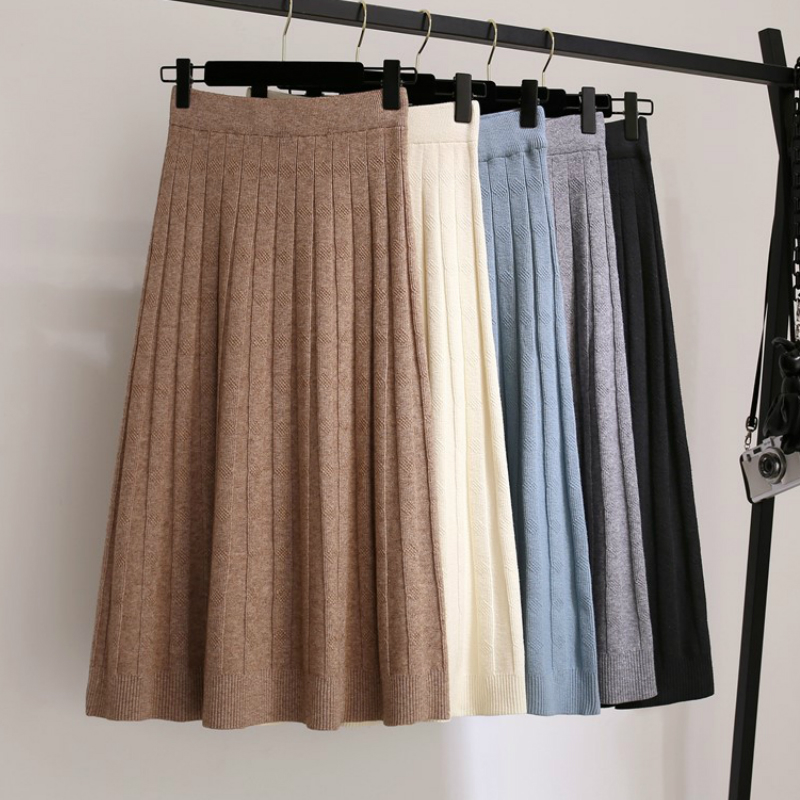 

Autumn Rib Knitted Long Skirts Winter Thick Wool Blend Casual Pleated Mid Calf Long Swing Skirts Blue Cashmere Knit, Beige