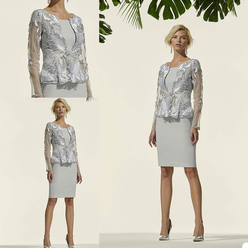 

Elegant Mother of the Bride Dresses with Long Sleeve Jacket Lace Appliques Evening Gowns Custom Made Knee-Length Wedding Guest Dress