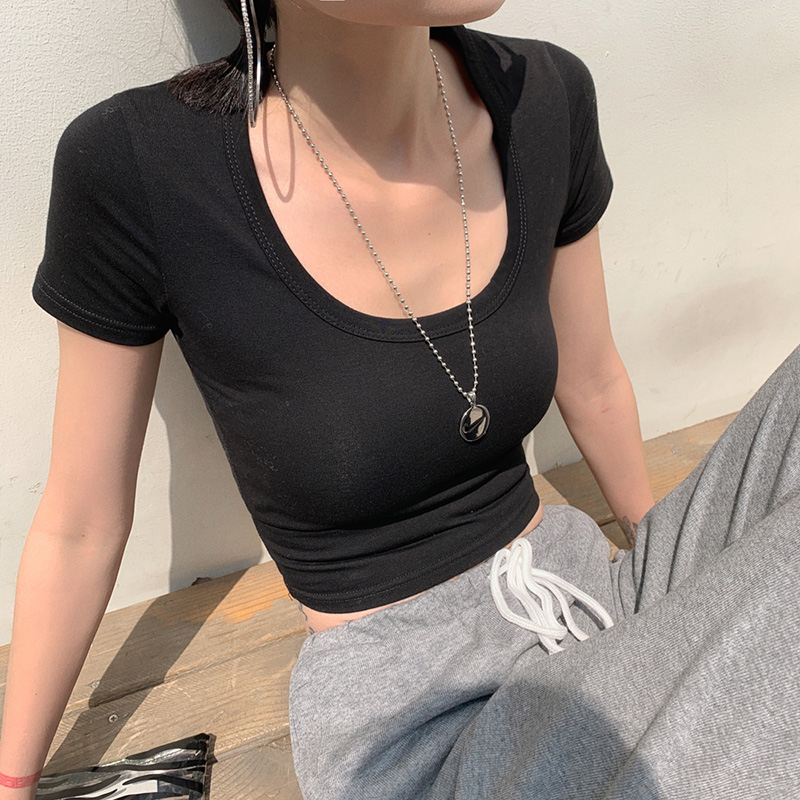 

Harajuku Summer Woman Tshirts O Neck Short Sleeve Tight Sexy Crop Tops Women 2020 Short T Shirt For Women Cotton Ladies Tops, Black