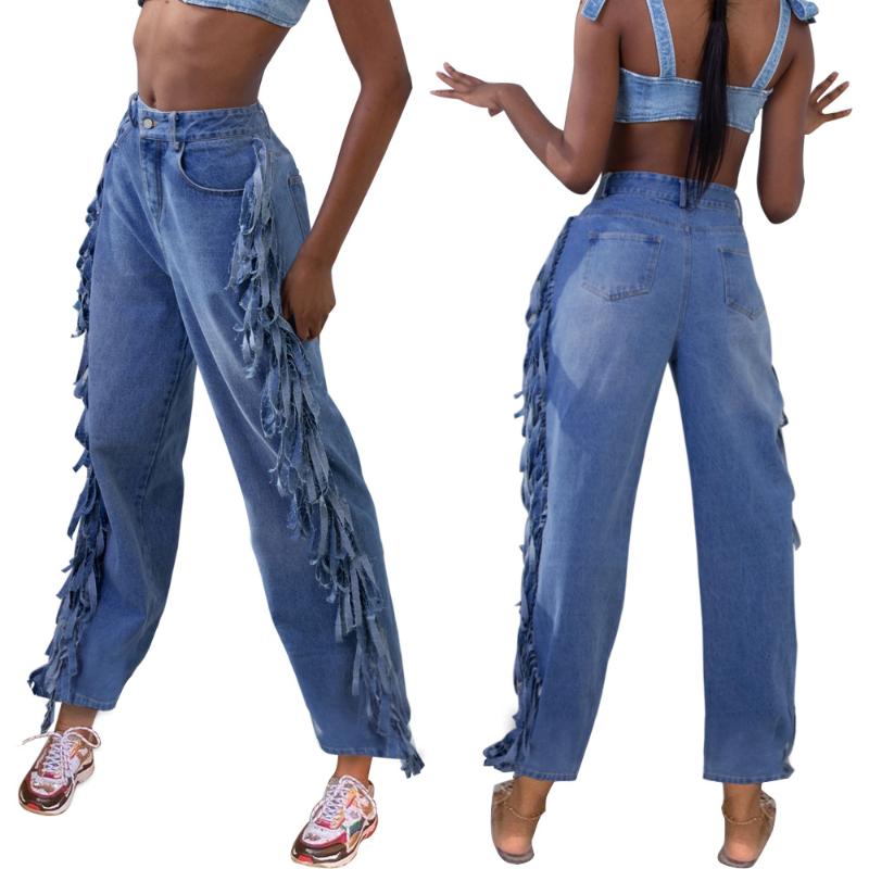 

ladies Loose washed tassel denim nightclub pants long plus size jeans for women, Blue