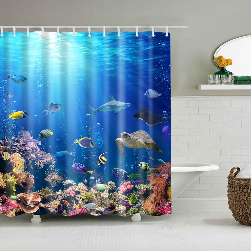 

Colorful Seabed Fish Pattern Shower Curtains Waterproof Polyester Eco-friendly Fabric With 12Hooks For Bathroom 150*180&180*180