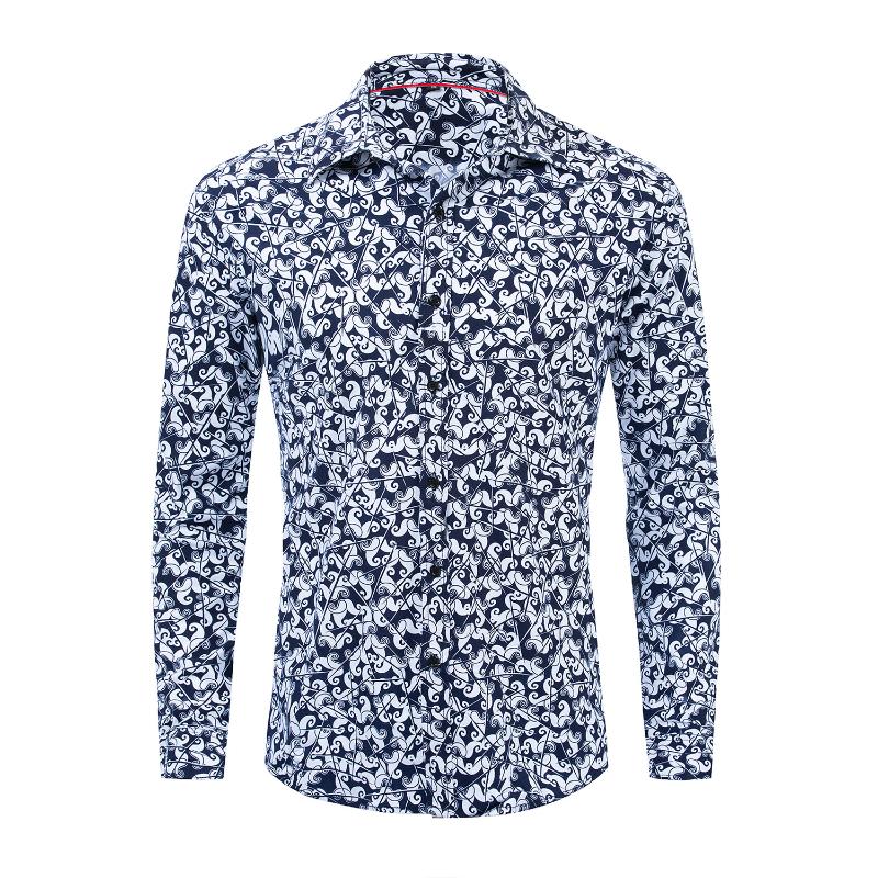 

Fashion Casual Printed Shirt Men' Turn-down Collar Long Sleeve Shirt Cotton Male Hawaiian Travel Shirts Cool Streetwear, Navy blue