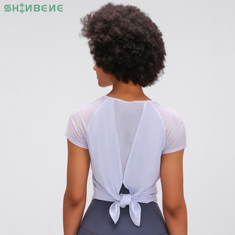 

SHINBENE BACK TIE Cool Yoga Athletic Running T-shirt Women Ultra-light Plain Sport Fitness Workout Tops Tee Short-sleeved Shirts, Black