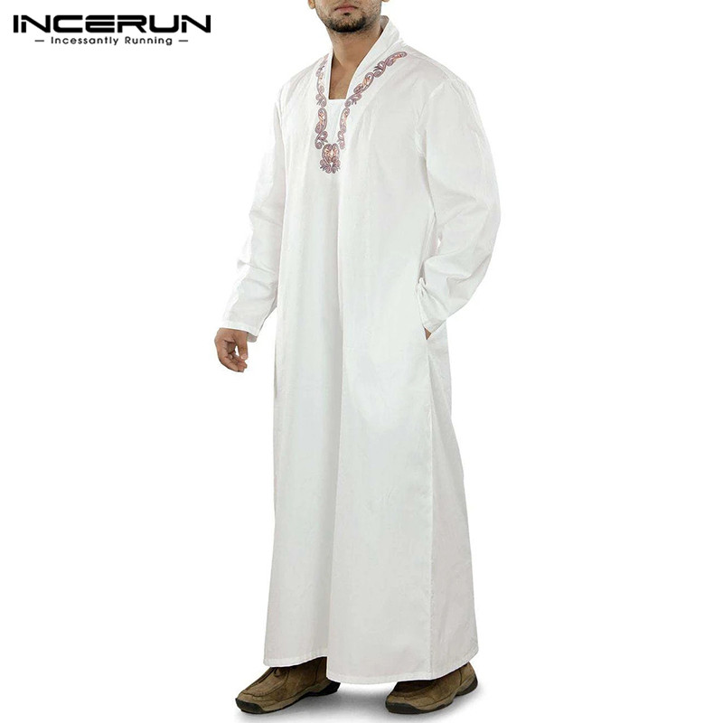 

INCERUN Muslim Islamic Kaftan Men Arabic Long Sleeve Stand Collar Printed Robes Fashion Middle East Dubai Abaya Men Jubba Thobe