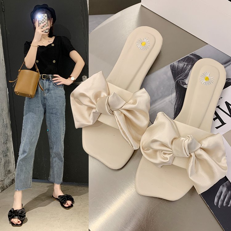 

Women's Little Daisy Slippers Female Wear 2020 Bowknot Sandals Woman Flat Bottom Anti-slip One-line Drag Fashion Shoes, Black