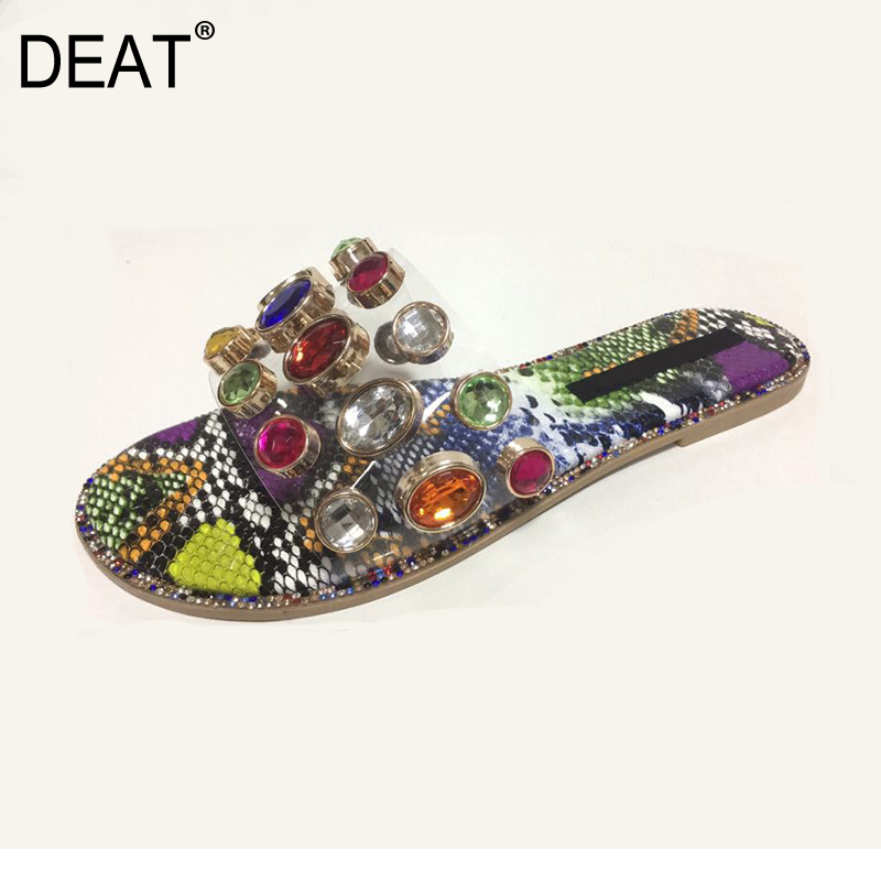 

DEAT] 2020 New Spring Summer Round Toe Crystal Hit Colors Snake Pattern Flat Outdoor Slippers Women Shoes Fashion Tide 10H356, Black