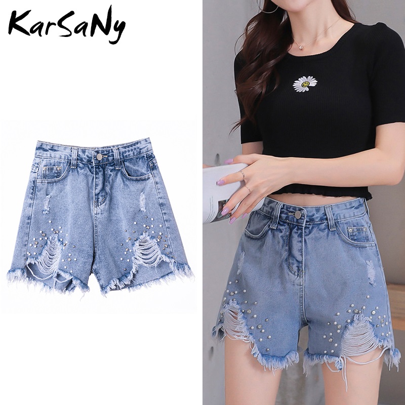 

KarSaNy Pearl Ripped Denim Shorts For Women Summer Casual Beaded Jeans Shorts With Hole Wide Leg Women' Summer For Women, Blue