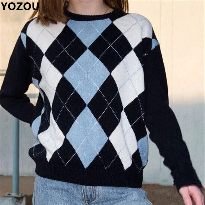 

Women vintage ins hot bm girl autumn winter england style argyle plaid o-neck knitwear knitted sweater for female
