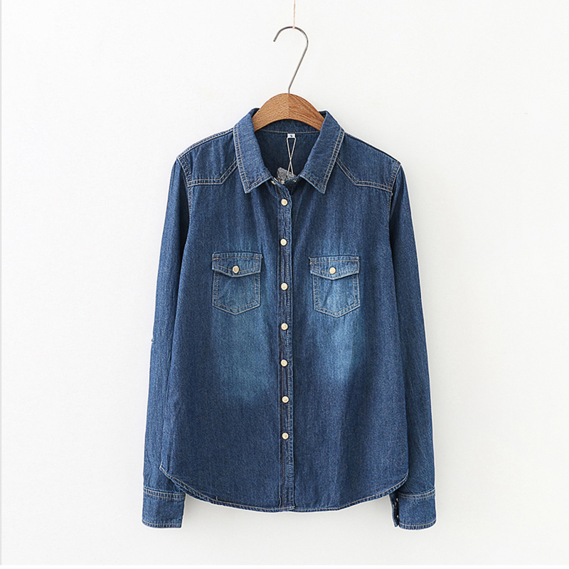 

Autumn Women Lapel Button Blue Long Sleeves Denim Jean Shirts Pocket Slim Jeans tops Blouse Plus Size blusas mujer, Light blue