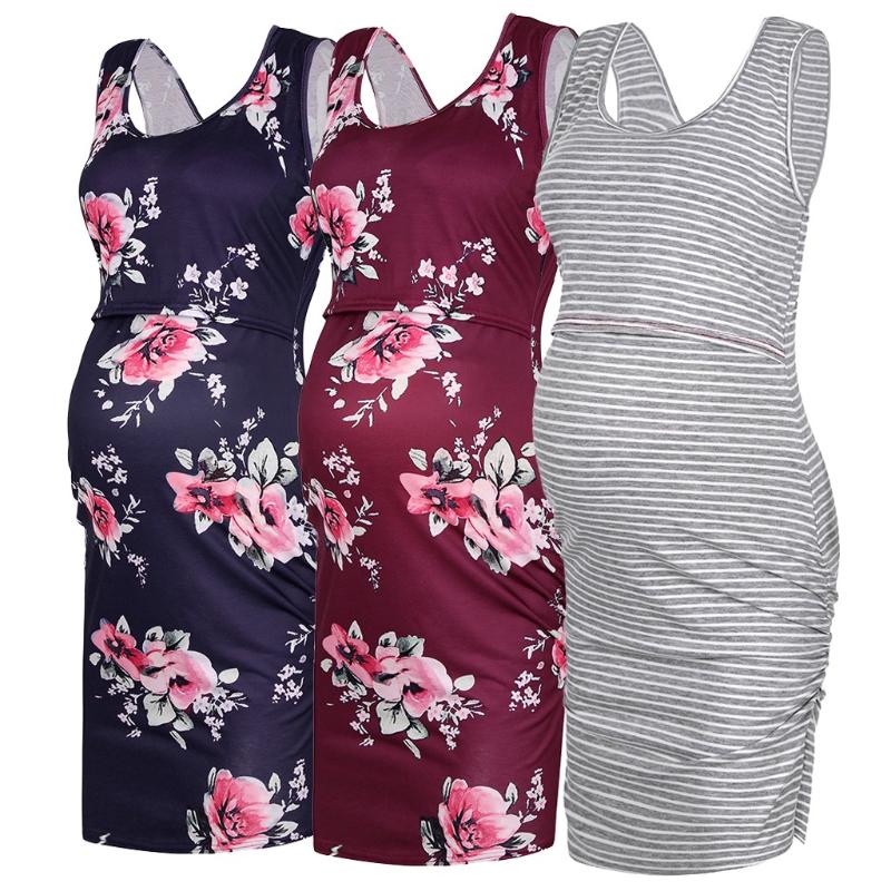 

Women Maternity Dresses Floral Print Pregnancy Nursing Dress Pregnant Women Sleeveless Summer Casual Breastfeeding Clothes, Gray