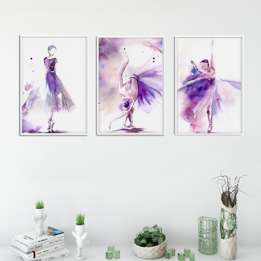 

3 Panels Abstract Wall Art Purple Ballerina Canvas Oil Painting Fashion Posters & Prints Wall Picture for Bedroom Nordic Home Decor