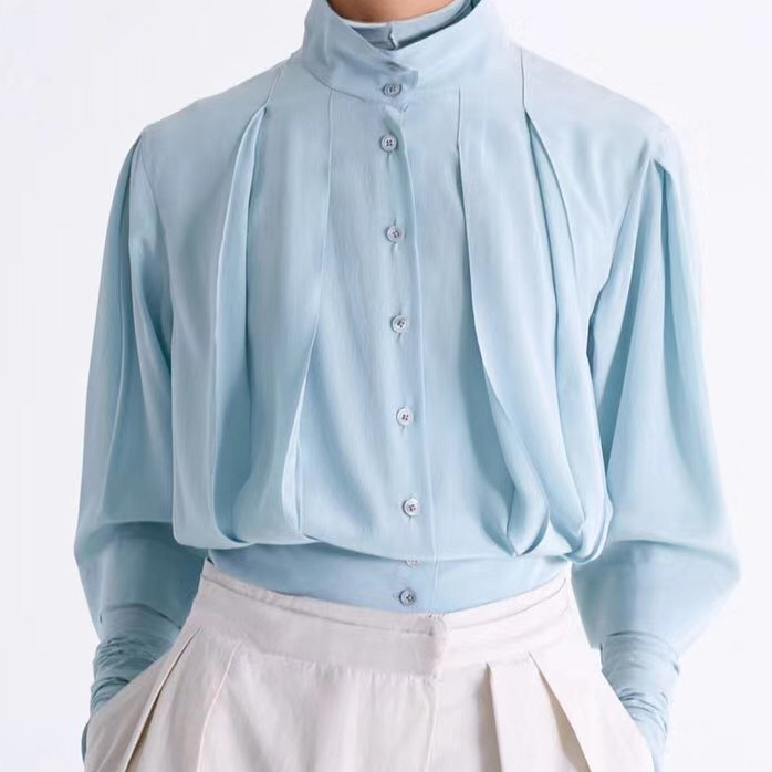 

Women Shirt 2020 Spring and Autumn New Shirts Fashion Casual Solid Color 100% Silk Harf Sleeve Stand Collar Shirt Top, Light blue