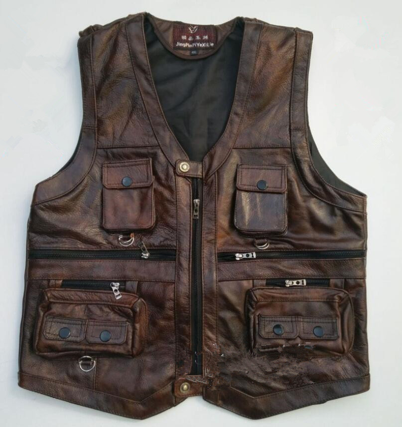 

Autumn New Men's Waistcoat Genuine Leather Vest Reporters Suit More Than Pocket Men Cowhide Tops w958, Brown