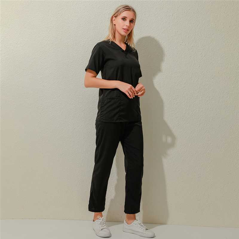 

High Quality Carer Worker Suit Two Piece Set Men & Women Short Sleeve V-neck Tops+Pants Working Uniform Set Suit, Black