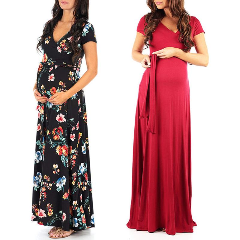 

2020 summer V-neck short sleeve Maternity dresses fashion printing pregnant women clothing nursing long dress Q0702, C black