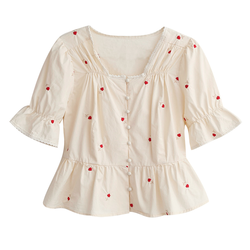 

Floral Embroidery Crop Blouse And Tops For Women 2020 Summer Fashion Square Collar Flare Sleeve Blouses Korean Style Short Shirt, Apricot