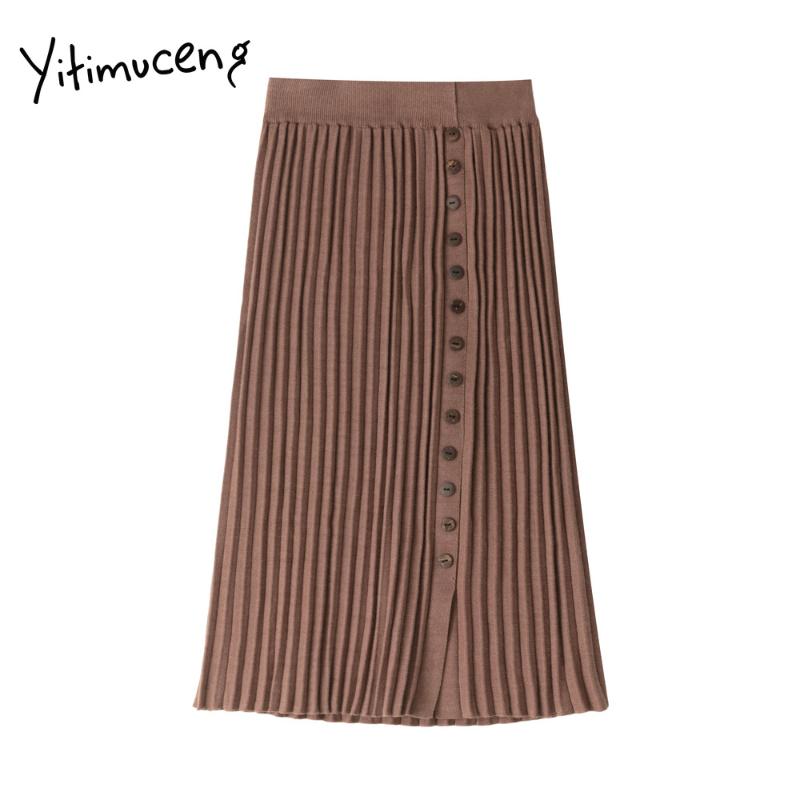 

Yitimuceng new pleated skirt womens 2020 harajuku elastic waist midi skirt button high waist elegangt fashion split black khaki