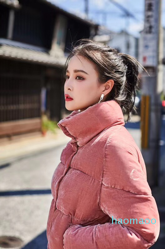 

Fashion-special offer Fashion Women Down Jacket Pink Velour Fabric Winter M Brand Stand Collar Women Dress Down Coat