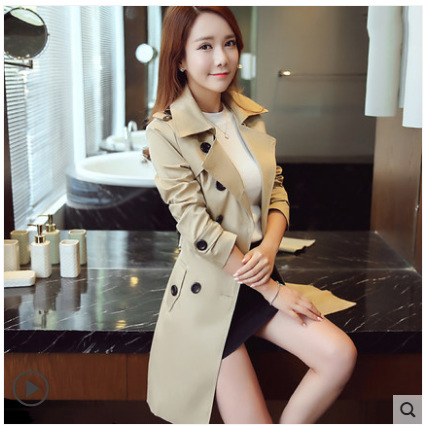 

Fashionable top ladies casual solid color double breasted fashion belt office jacket chic badge design long trench coat coat, Photo color