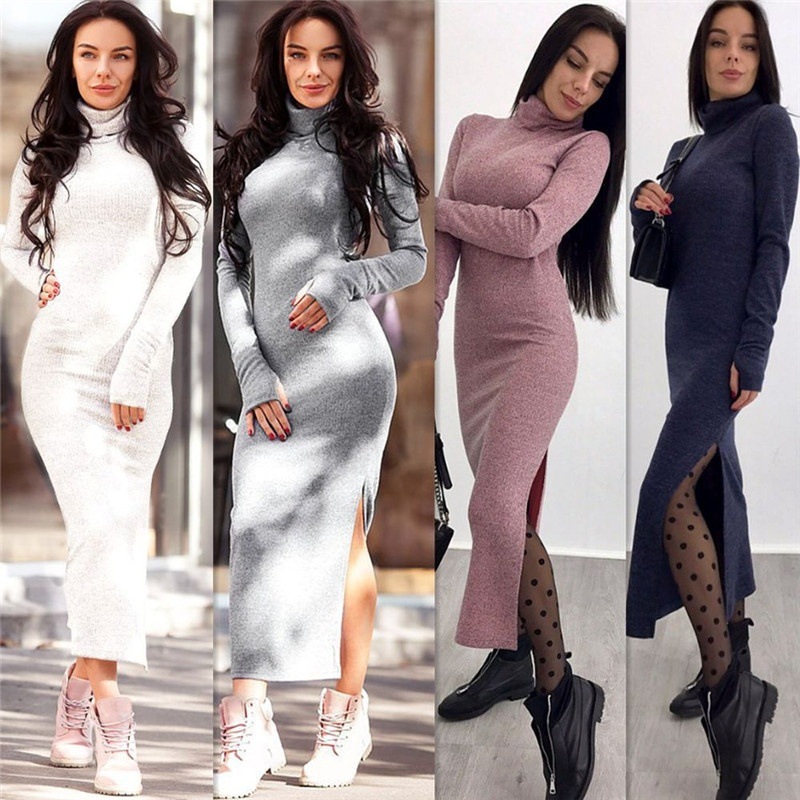 

XUXI Autumn Winter Turtleneck Knitted Buttocks Dress 2020 Women Fashion Sexy Empire Knee-Length Streetwear Loose Dresses FZ2238, Gray