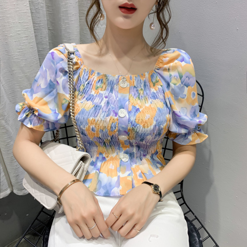 

2020 Colored Floral Print Top for Women Square Collar Single-Breasted Blouses Sweet Short Shirt, Green