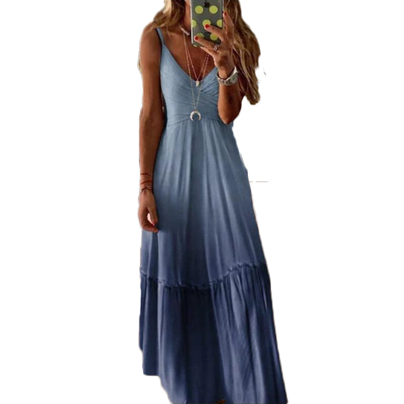 

2020 Women New Spaghetti Straps V Neck Pleated Long Party Gown 5XL Tiered Maxi Dress Plus Size Casual Beach Holiday Dress, Blue
