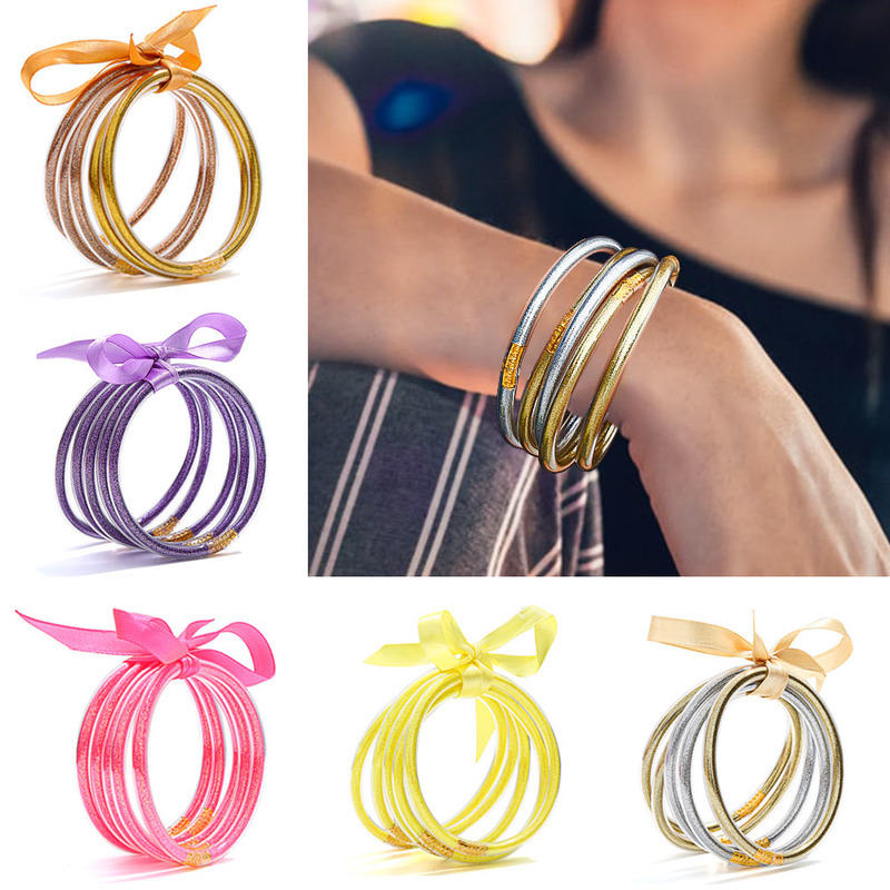 

All Weather Bangle Glitter Filled Stardust Silicone Circle Women Bowknot Jelly Bangles Bracelet Femme 2019 Jewelry 5 Pcs/Set