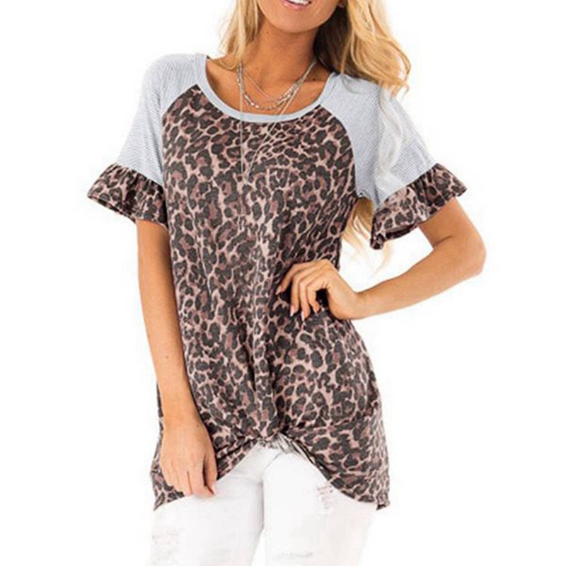 

Women' Round Neck Leopard Flared Sleeve Short-Sleeved T-Shirt, Gray