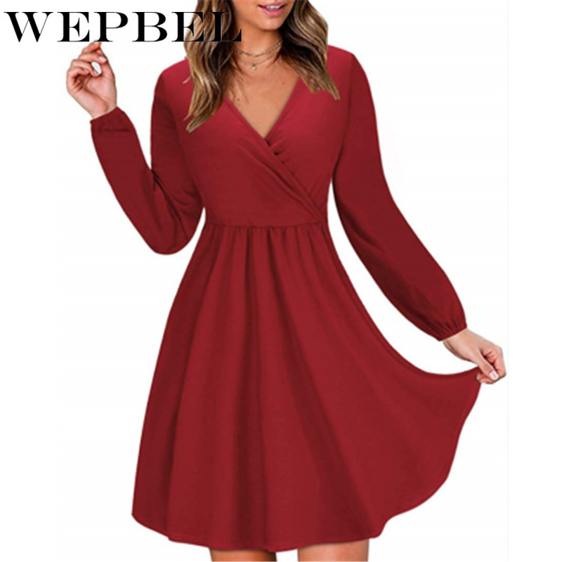 

WEPBEL Autumn and Winter Women' Slim V Neck Solid Color Ruched Dress Elegant Long Sleeved Dress, Black