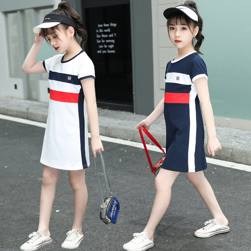 

2020 Girls Summer Dress Little Girls Clothing Long T Shirt Sport Dress Fashion Teenage Clothes Size 6 8 10 13 Kids, Blue