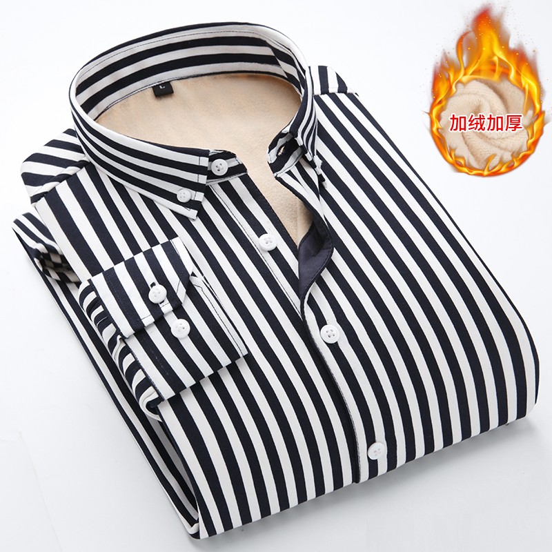 

Men's Winter Long Sleeve Striped Flannel Fur Lined Thick Work Shirts fleece warm long sleeve shirt for men dress shirts, Navy blue