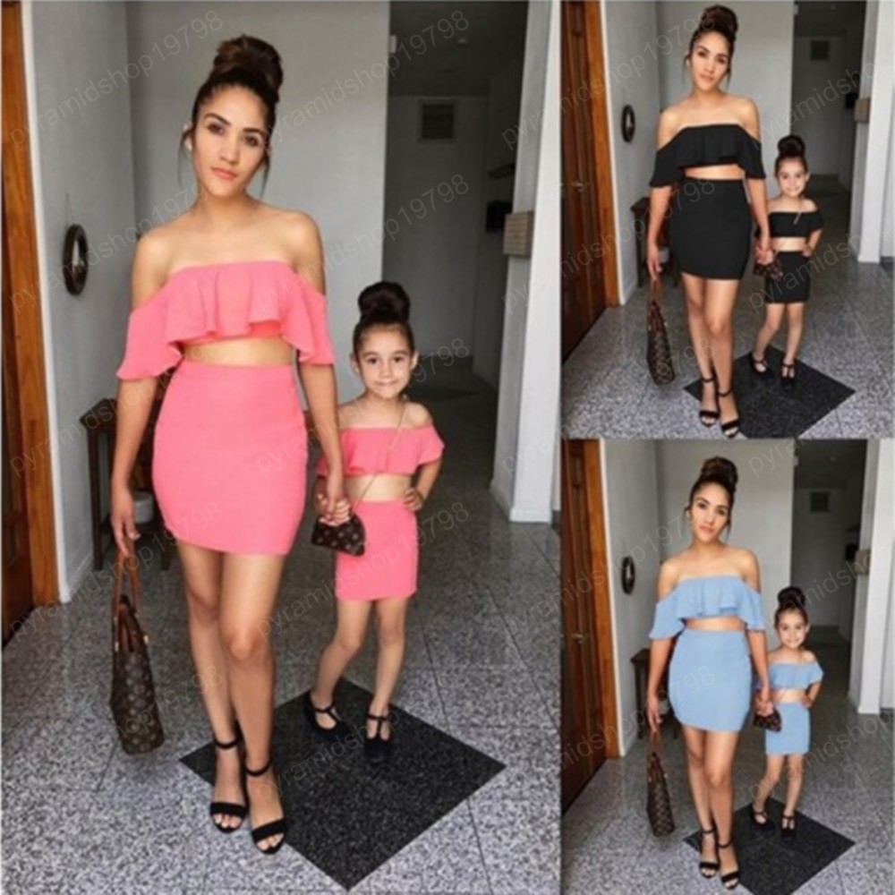 

Family Matching Clothes Set Summer Mommy And Me Sleeveless Ruffles Shirt+short Skirt Outfits Mother Daughter Clothing Suit