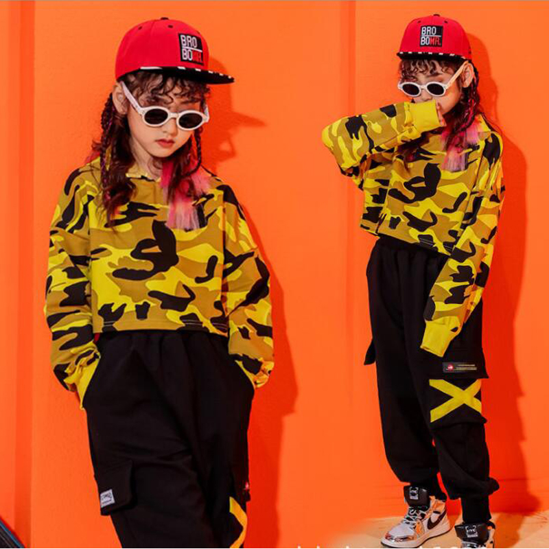 

Kid Cool Hip Hop Clothing Hoodie Sweatshirt Shirt Top Crop Hollow Causal Pants for Girl Jazz Ballroom Dance Costume Clothes Wear, Yellow hoodie