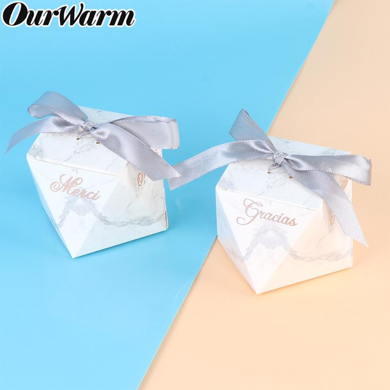 

OurWarm 10pcs Marbling Kraft Paper Candy Box French Spanish Thank You Gift Bag Ribbon Wedding Baptism Party Favor Decoration