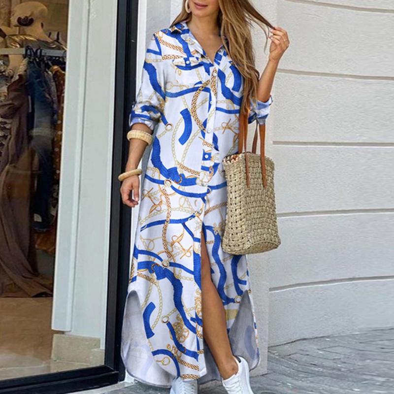 

Women Elegant Print Buttoned Slit Shirt Dress Autumn Lapel Neck Maxi Party Dress Casual Loose Long Sleeve Beach Dresses Vestidos, Photo color