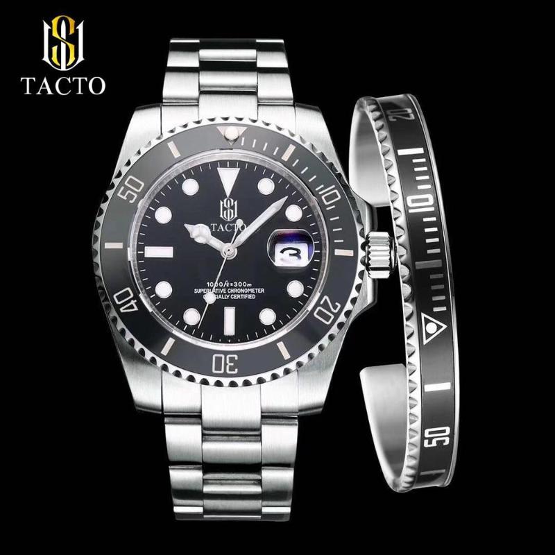 

2020 Top Brand TACTO Luxury Men's Watch Black Sub-Diver Wrist Watch Date Role Clock Men Sports Watches & bangle 30m Waterproof, Slivery;brown