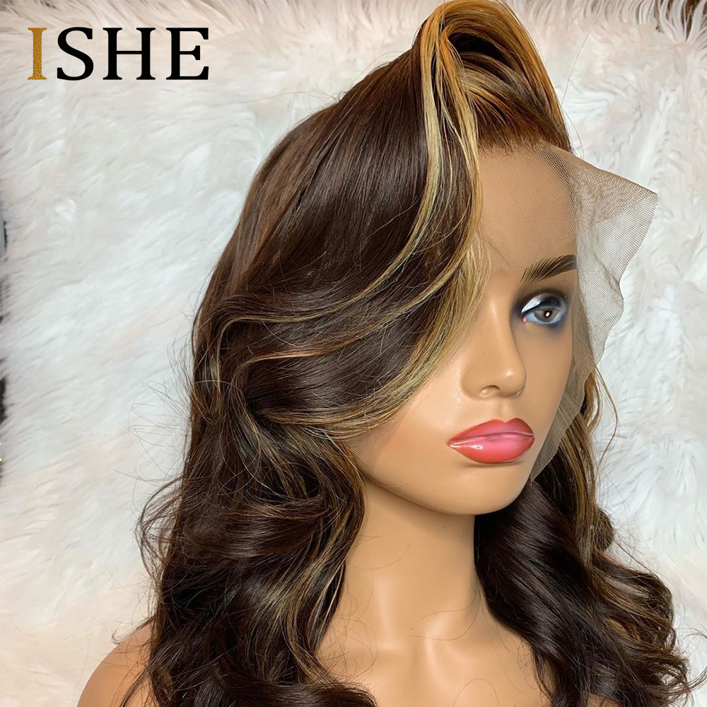 

Highlight 13X6 Human Hair Wig Invisible Lace Front Wigs For Women Wavy Colored Human Hair Wig Remy 150, Medium brown