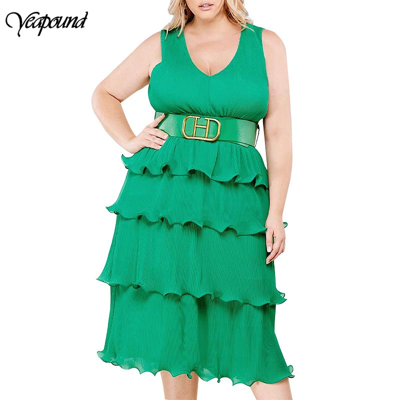 

Women's Fashion Sexy Solid Pleated Casual Loose Ladies Layered Dress Deep V Ruffle Summer Dress Vestidos Robe Femme, Green
