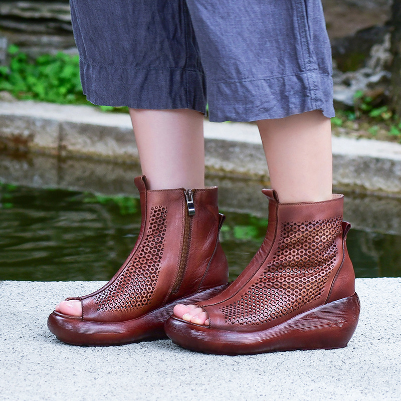 

2020 VALLU Handmade leather women's shoes sandals fish mouth thick bottom sandals summer comfortable wedge heels, Black