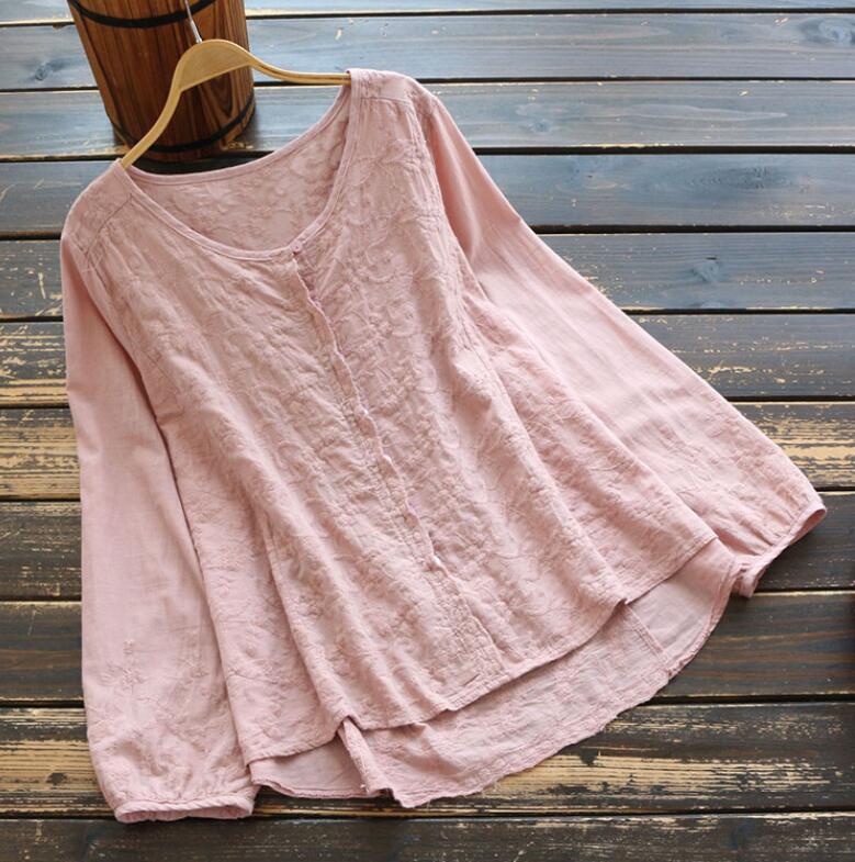 

Women Shirt White Cotton Embroidery Leisure Long-sleeved O neck Thin Pullovers Solid Color Fashion Women Tops, Pink