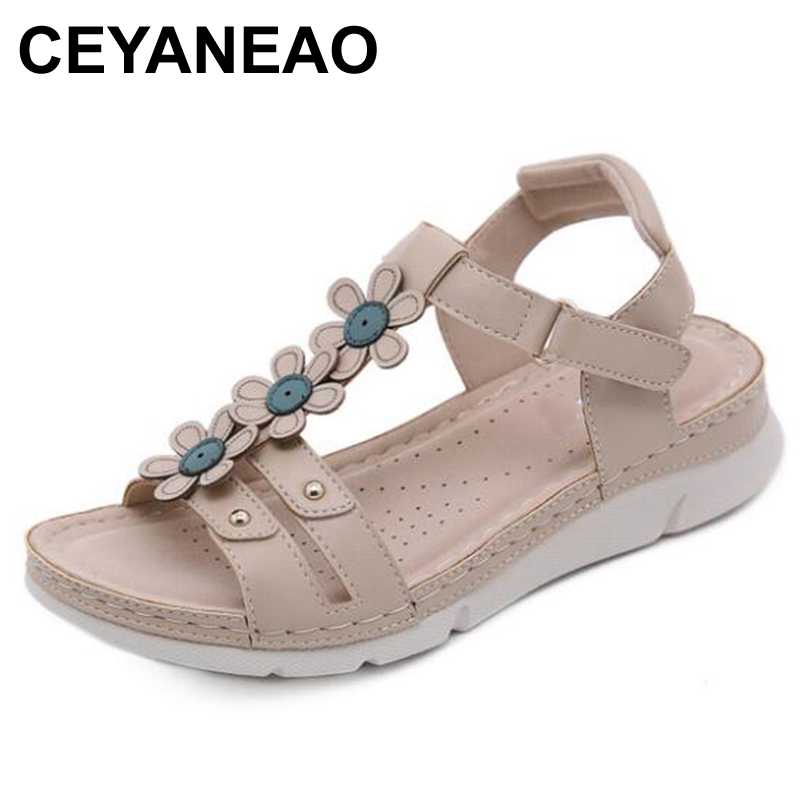 

CEYANEAO 2020 Fashion Bohemian Beach Shoes Women Sandals Summer Style Peep Toe Flower Shoes Flat Sandals Women sandalia feminina, Beige