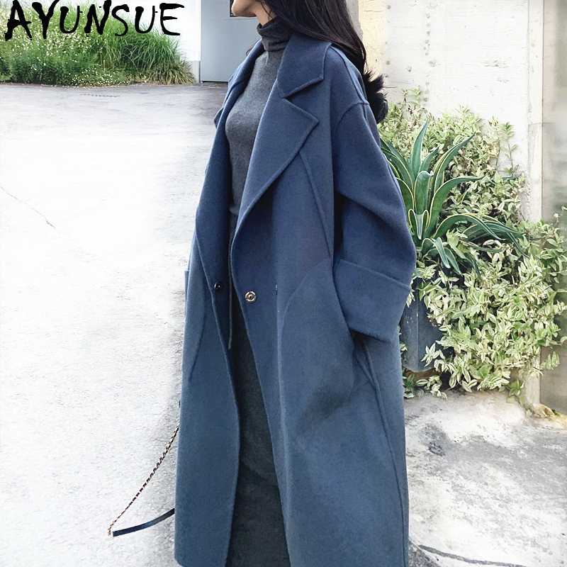

AYUNSUE 100% Wool Coat Female Autumn Winter Coat Women Double Side Coats and Jackets Women Korean Long Jacket Chaqueta Mujer, Blue